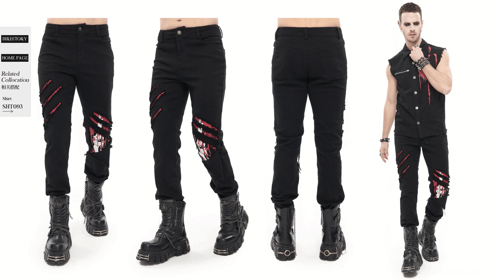 Gothic black ripped pants care guide showing washing, drying, and maintenance recommendations for longevity