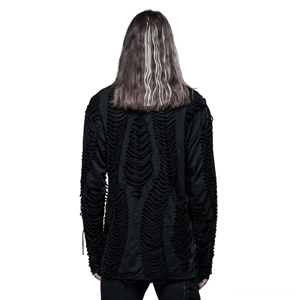 Black distressed gothic sweatshirt back view showing full skeletal shredded design pattern