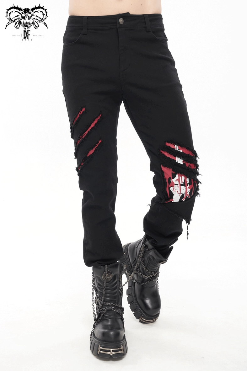 Gothic ripped trousers texture detail shot showing 95% cotton 5% spandex twill weave construction