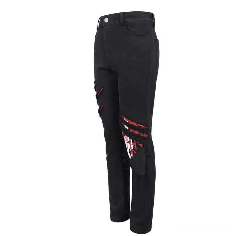 Gothic ripped trousers left side flat lay view showing distressed tear details with red graphic printing