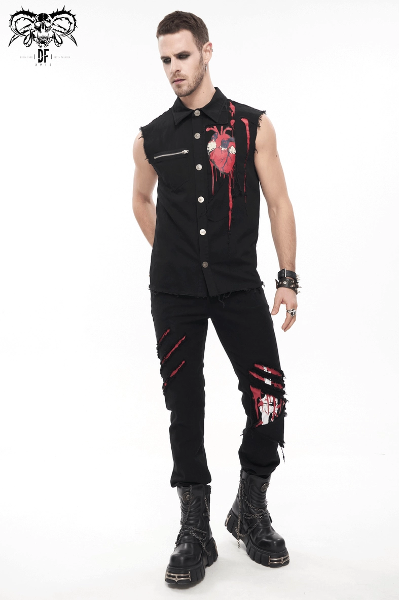 Gothic ripped trousers size range display showing XS through 4XL fit options for various body types