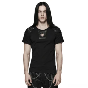 Gothic detachable rivet armor t-shirt for men, front full-body view, black fitted tee with metal shoulder panels and chest grommet, worn on male model with long hair, studio white background