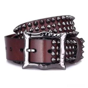 Gothic genuine leather belt front flat lay alloy metal rivets square buckle dark brown unisex