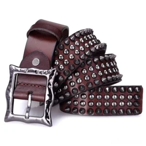 Gothic rivet leather belt dark brown adjustable pin buckle studded metal cone round rivets side view