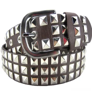Dark brown pyramid stud gothic belt with silver buckle - front view