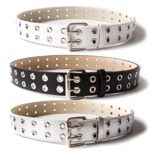 Multi-color gothic rivet waist belts with double eyelet pin buckles showcasing black, white, and gray options on white background