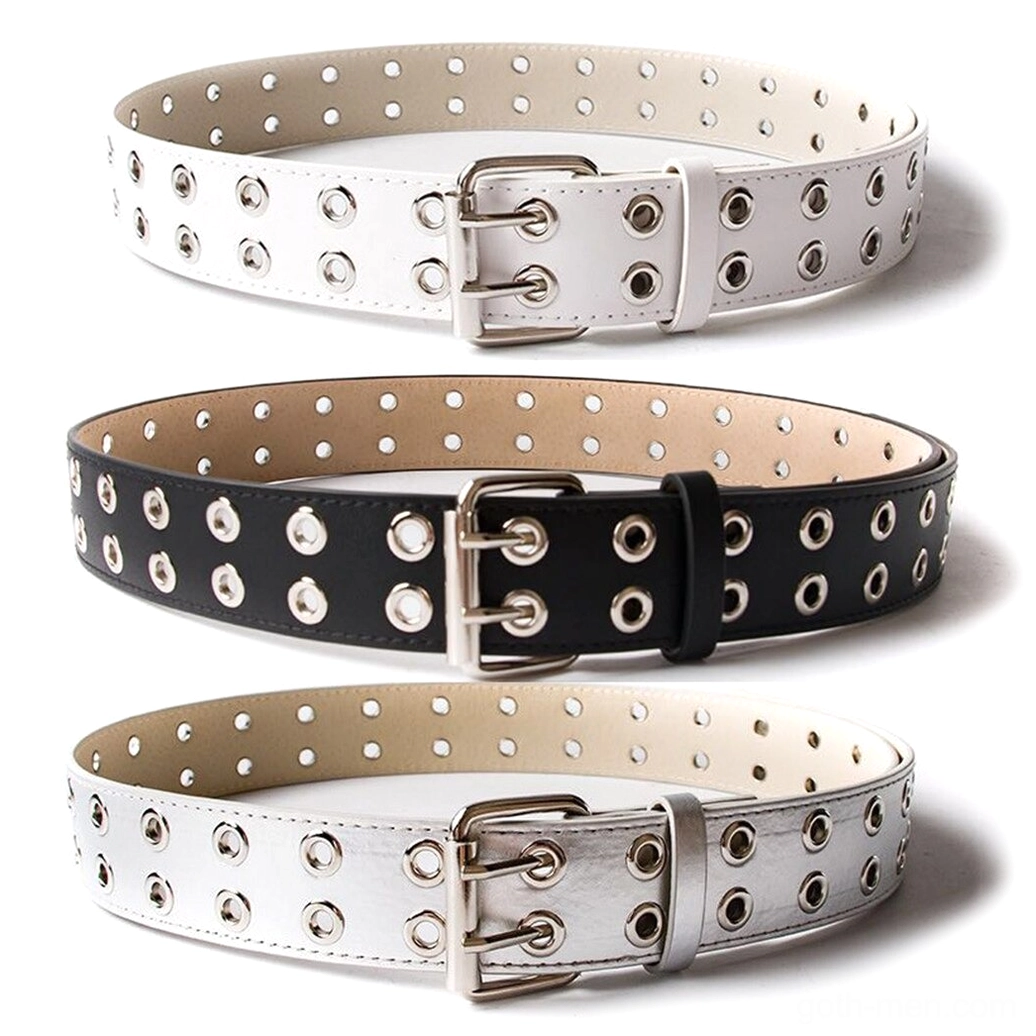 Multi-color gothic rivet waist belts with double eyelet pin buckles showcasing black, white, and gray options on white background