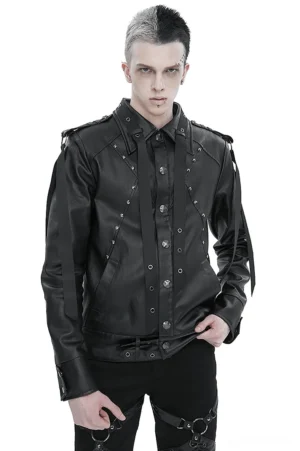 Black gothic rivet jacket front view on male model with stand collar and industrial metal studs