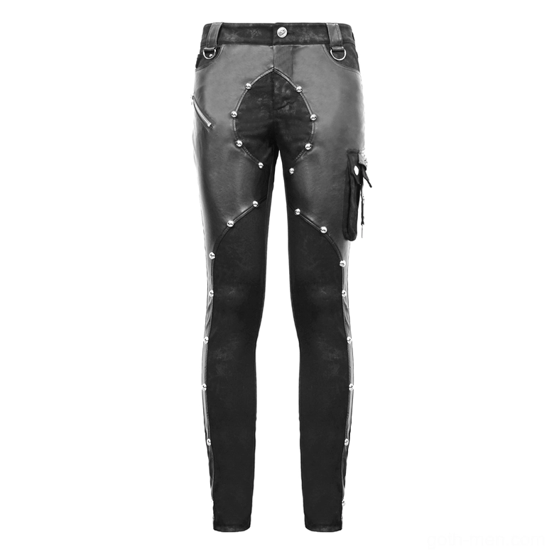 Asymmetric gothic faux leather pants flat lay rear - metal rivets and side pocket detail