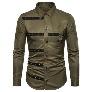 Gothic rivet long sleeve shirt front view in army green with asymmetric metal rivet strap details