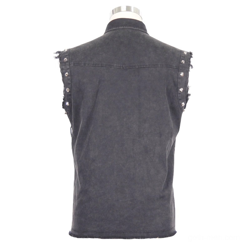 Gothic rivet sleeveless shirt back view full display showing rivet-trimmed shoulder seams and plain back panel