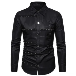 Black gothic rivet shirt front view with full rivet strap decorations industrial style