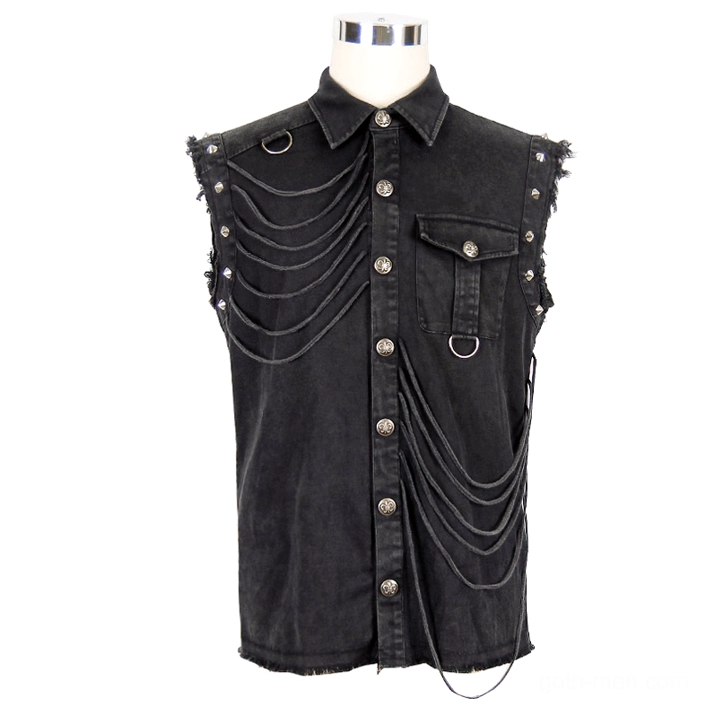 Gothic black rivet sleeveless shirt front display with metal snap buttons chain D-rings and chest pocket detail