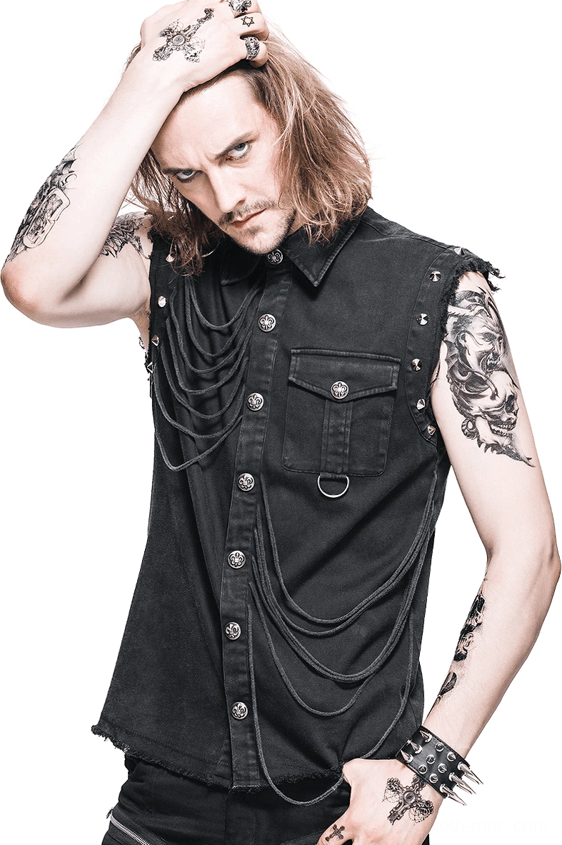 Men's black gothic rivet sleeveless shirt front three-quarter view with chain trim and studded details on tattooed model