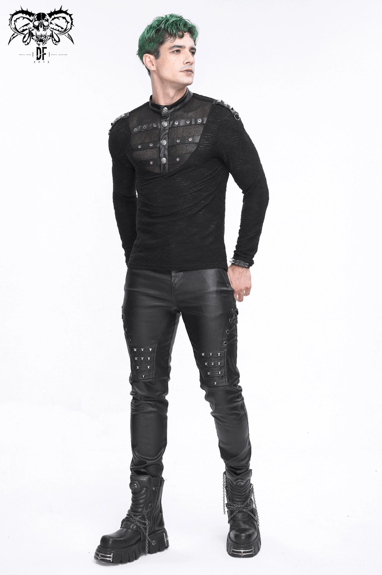 Gothic textured stand collar top with button and rivet chest detail - alternative fashion styling