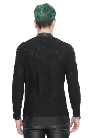Black gothic stand collar textured top with leather shoulder accents - rear view on model
