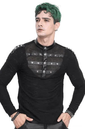 Black gothic stand collar top with textured mesh chest panel and metal rivets - front view on model with green hair