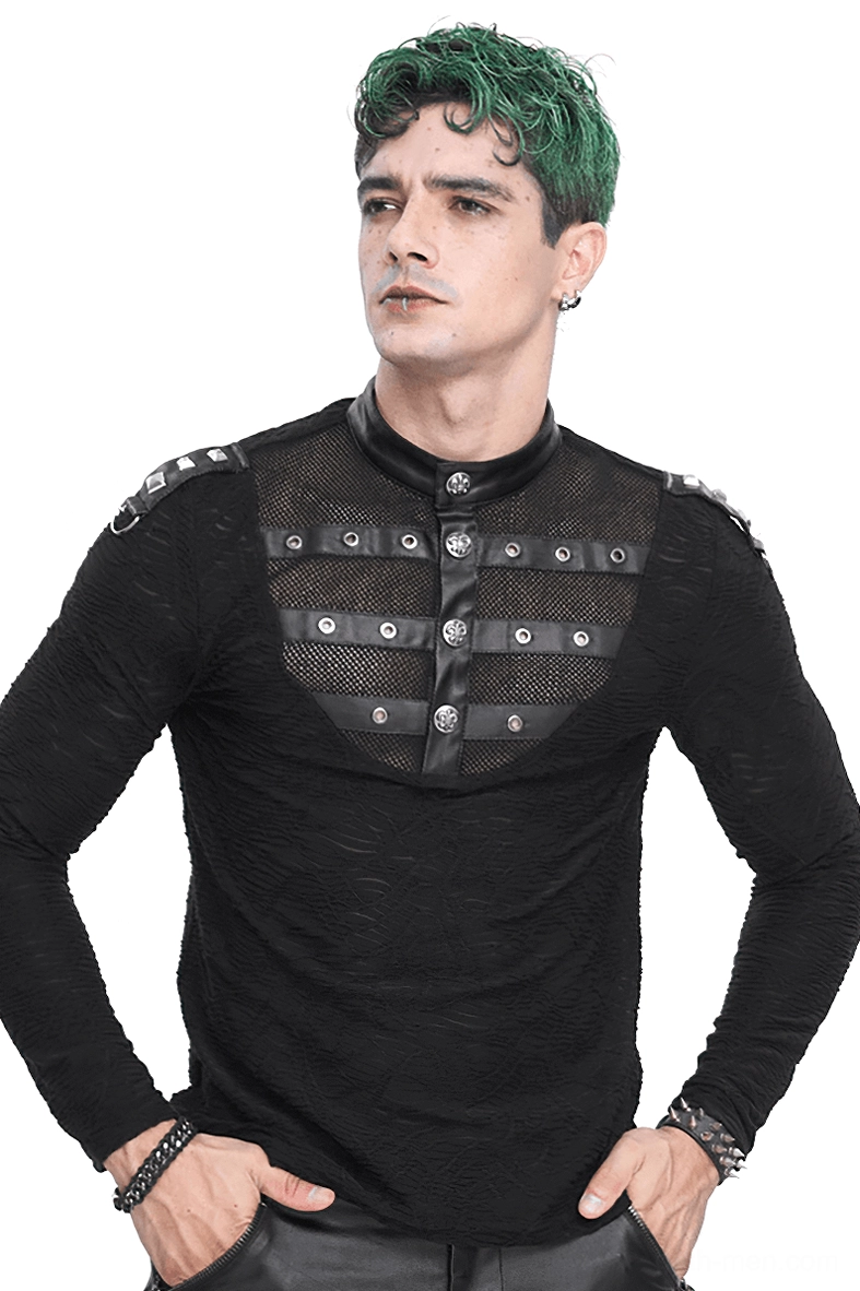 Black gothic stand collar top with textured mesh chest panel and metal rivets - front view on model with green hair