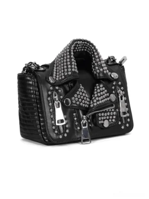 Black PU leather riveted bag oblique side angle showing quilted texture and metal zipper hardware
