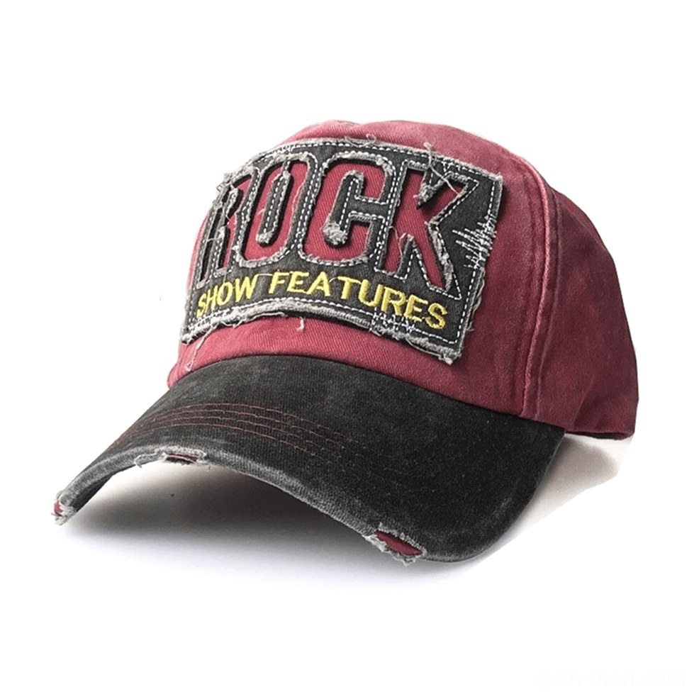 Burgundy and black distressed rock embroidery gothic baseball cap with faded black brim