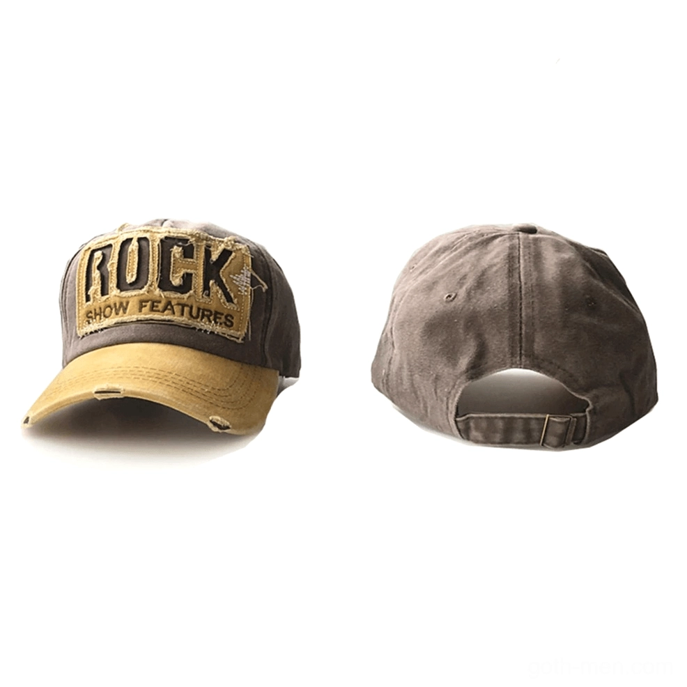 Front flat view of distressed rock embroidery gothic baseball cap with frayed patch lettering and color contrast brim