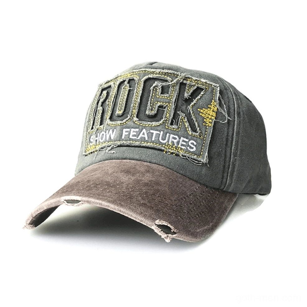 Dark grey body distressed rock cap with brown faded brim and yellow-accented embroidery, front view