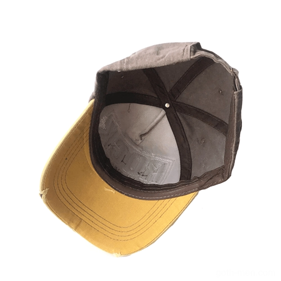 Interior view of gothic baseball cap showing cotton sweatband, stitching construction, and adjustable back closure