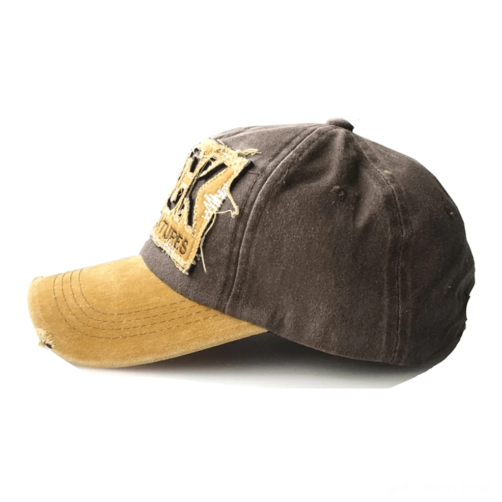 Distressed rock embroidery cap side profile view showing construction detail and faded contrast brim
