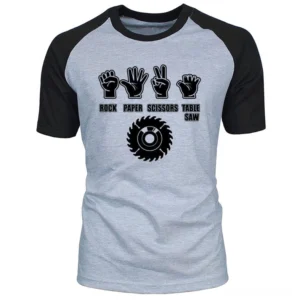 Men's dark humor graphic raglan tee with rock paper scissors table saw print, heather gray body with black sleeves and black graphics