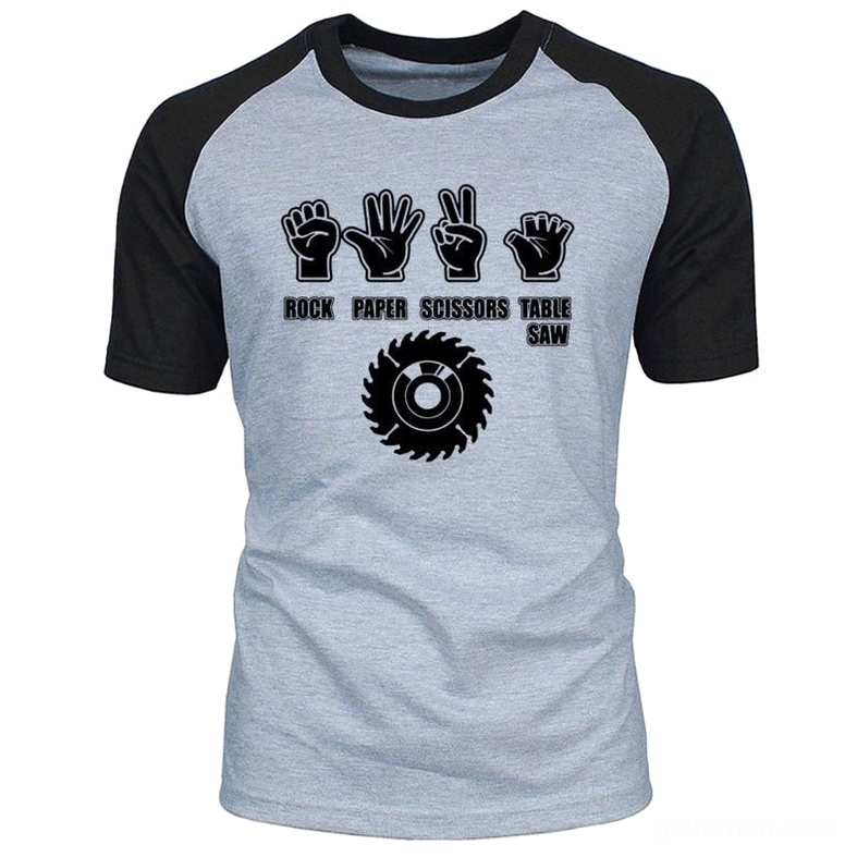 Men's dark humor graphic raglan tee with rock paper scissors table saw print, heather gray body with black sleeves and black graphics