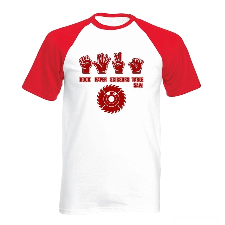 Gothic rock graphic raglan cotton tee featuring red table saw design, white body with red raglan sleeves, bold streetwear print