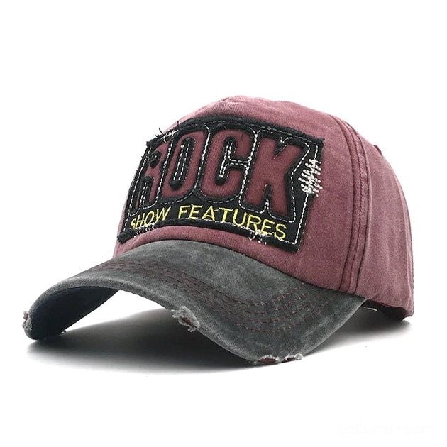 Dark gothic style ROCK cap with burgundy crown and charcoal grey brim, frayed edges detail