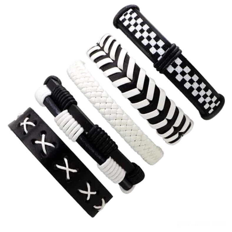 Black and white rock-style leather wristband set with varied braided and stitched patterns - side view