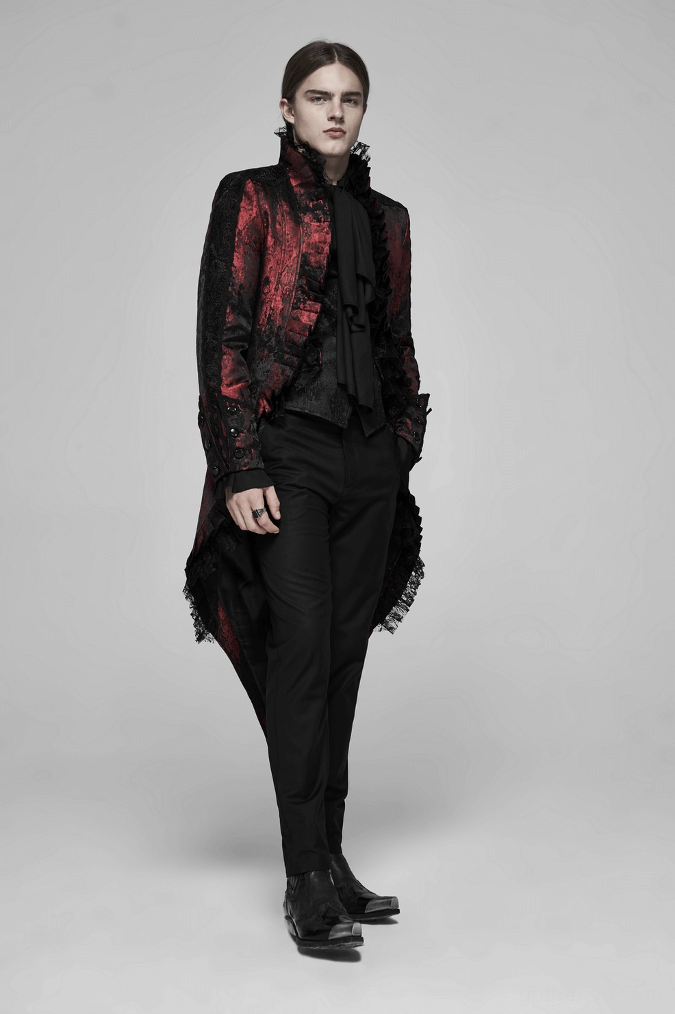 Wine red rococo coat back detail showing dovetail hem construction and split tail design