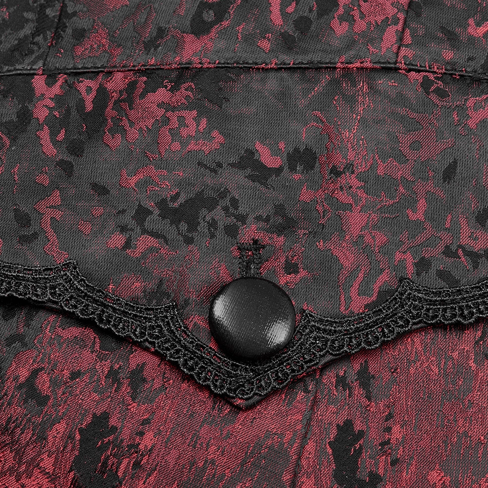Wine red gothic rococo tailcoat detail shot emphasizing jacquard weaving and lace accents