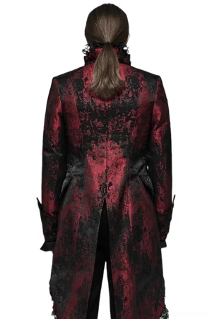 Gothic wine red tailcoat back view showing split tail hem and jacquard fabric pattern