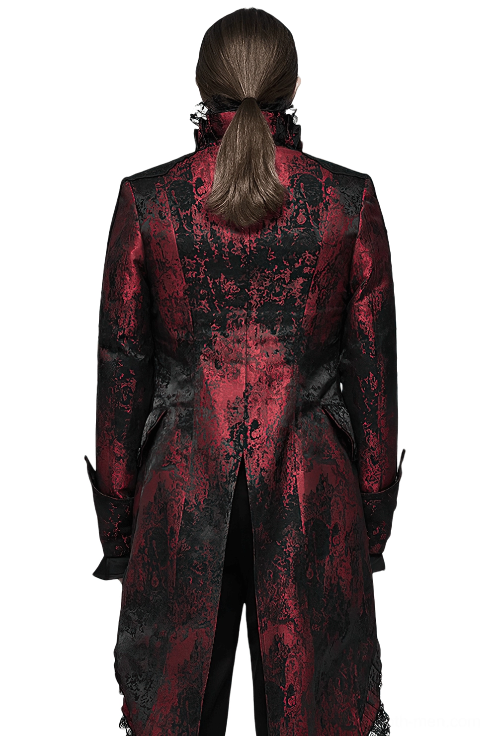 Gothic wine red tailcoat back view showing split tail hem and jacquard fabric pattern