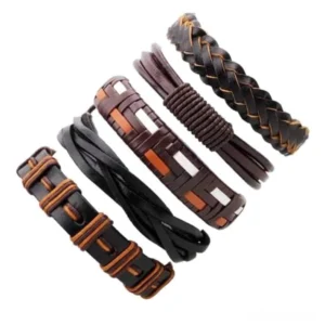 Five-piece Gothic leather wristband collection showing diverse braided and woven rope designs in dark aesthetic
