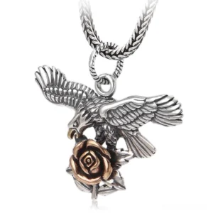 Gothic rose and eagle 925 sterling silver pendant - front view with detailed carved design and vintage patina finish