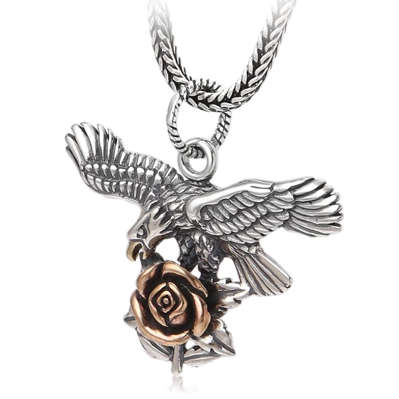 Gothic rose and eagle 925 sterling silver pendant - front view with detailed carved design and vintage patina finish
