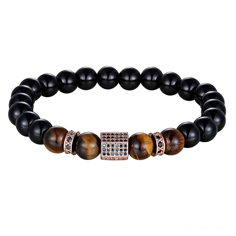 Rose gold gothic beaded bracelet with natural onyx and tiger eye stones display