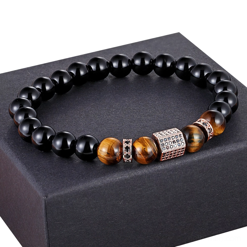 Rose gold gothic beaded bracelet with tiger eye onyx stones in luxury packaging