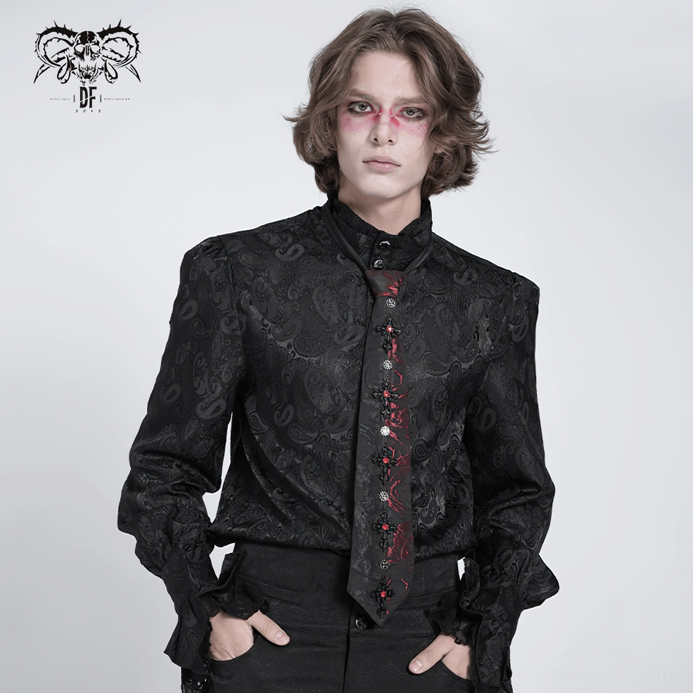 Male model in full-body view wearing black and red rose gothic necktie with tailored styling on white background