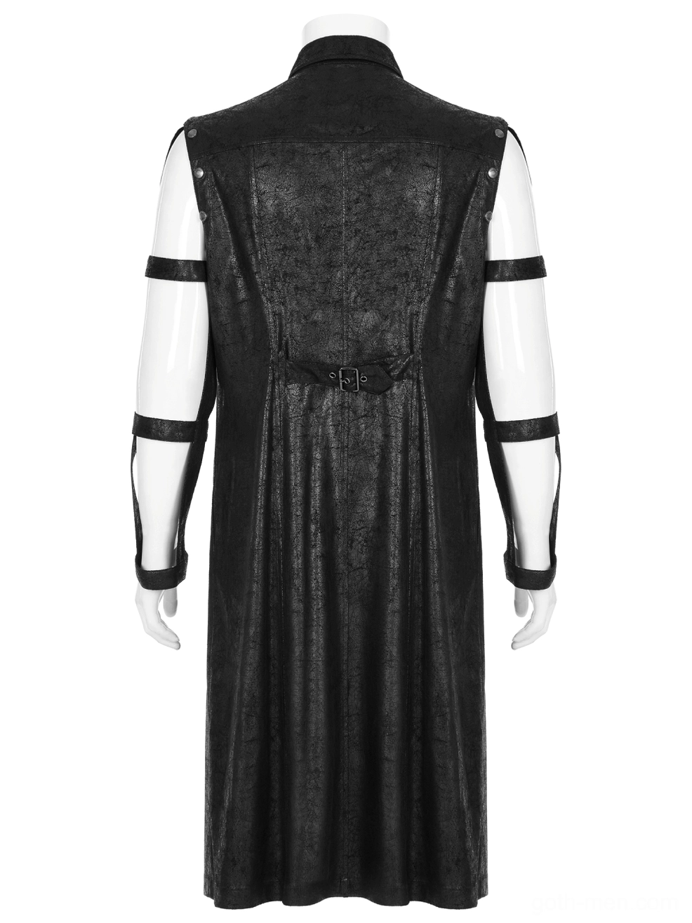 Rear mannequin view of gothic cracked rubber coat with back buckle strap and leather accent arm details