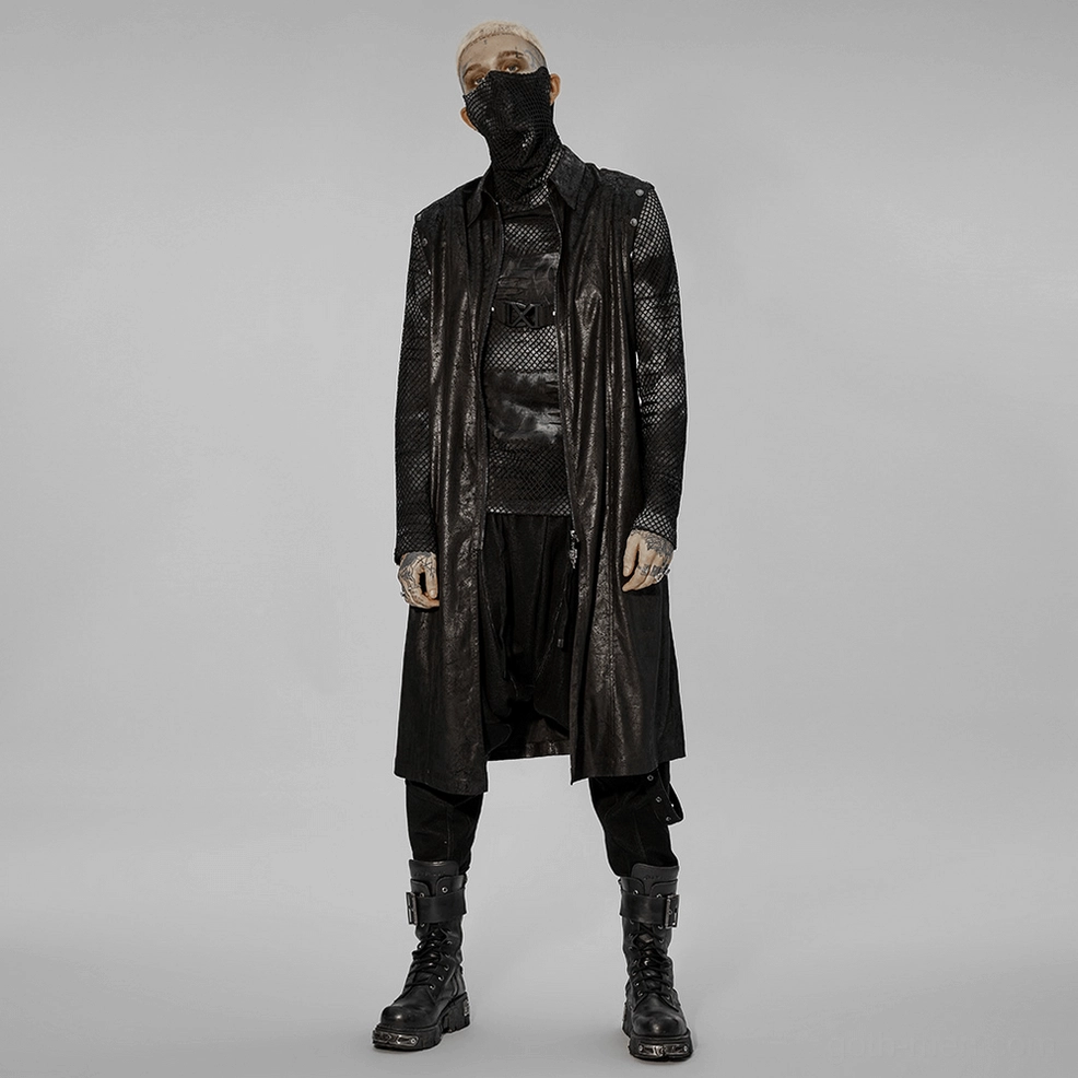 Full-length view of gothic black cracked rubber longline coat with layered armor straps and industrial aesthetic