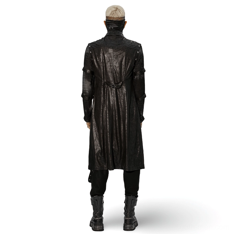 Rear view of black cracked rubber gothic longline armored coat showing back waist strap and leather mesh sleeve details