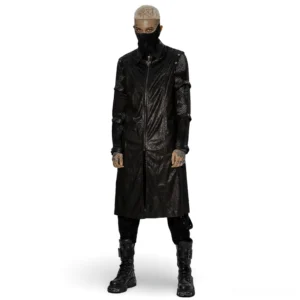Front view of black cracked rubber gothic longline coat with detachable armor straps, stand collar and full front zip closure