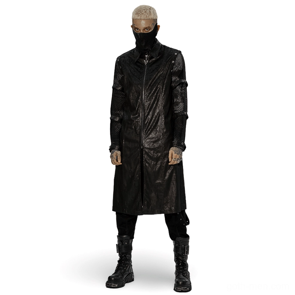 Front view of black cracked rubber gothic longline coat with detachable armor straps, stand collar and full front zip closure