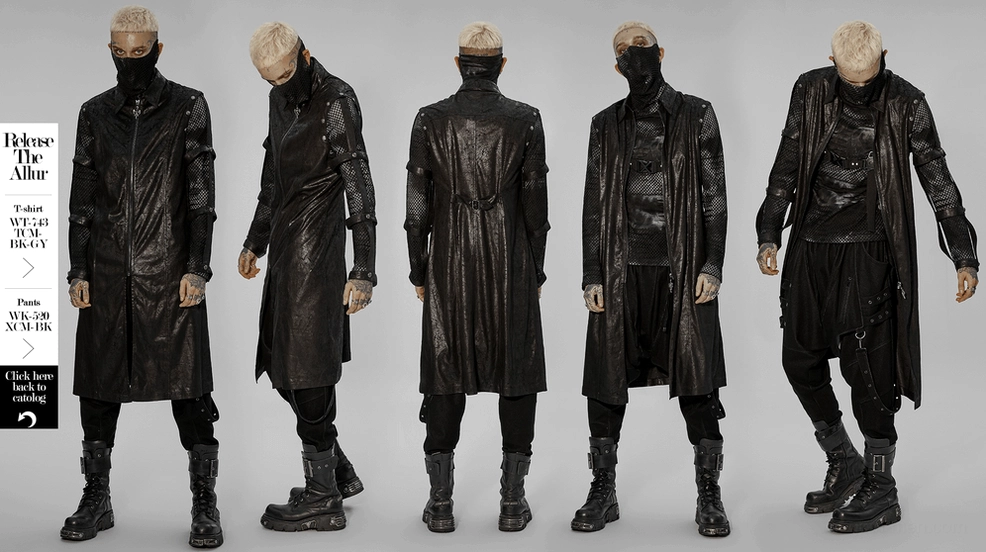 Back full view of model wearing black cracked rubber gothic longline coat with detachable armor harness system