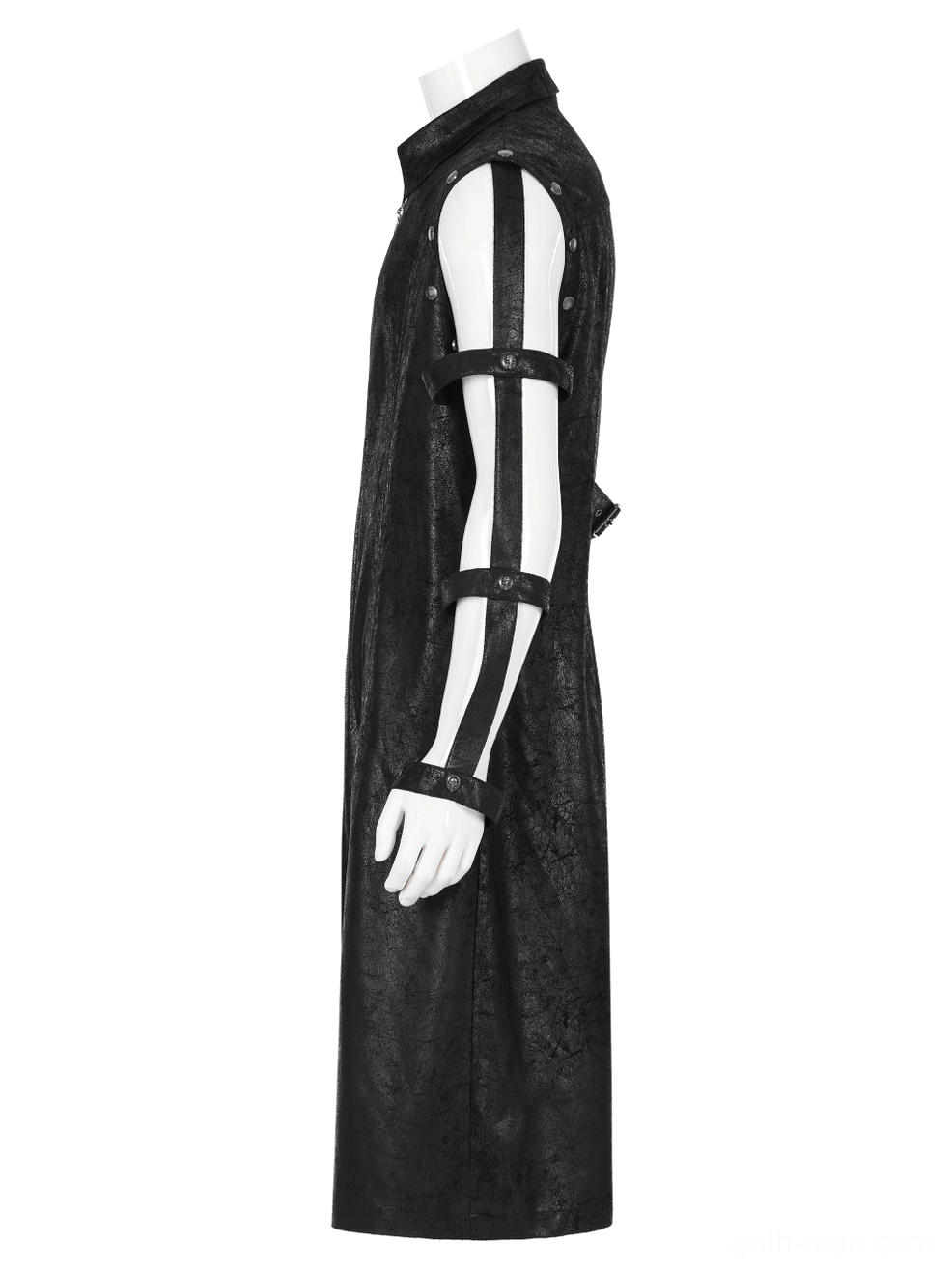 Side view of gothic black rubber longline coat showing slim fitted cut, arm strap details and sleeveless armored design